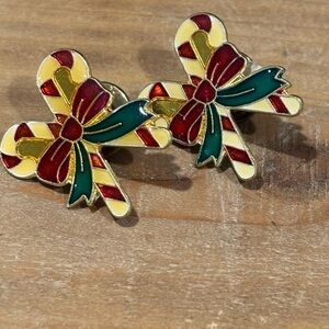 Christmas Crossed Candy Canes Pin Bow Lapel Enamel Collectible Vintage set of 2